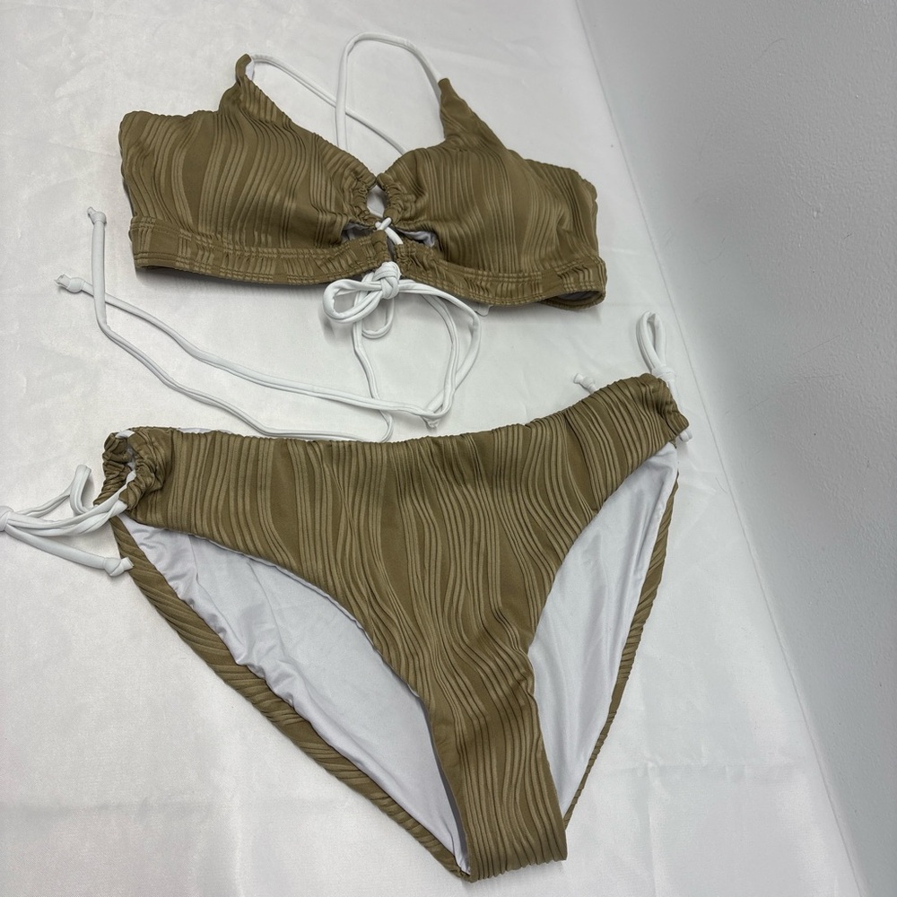 Brown Bikini Set two piece swimsuit size XXL (2XL)White Strims ribbed cross - Picture 4 of 7
